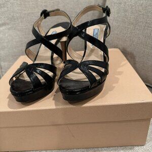 PRADA Black Leather Strappy Platform Sandal With Stacked Heel Size 35